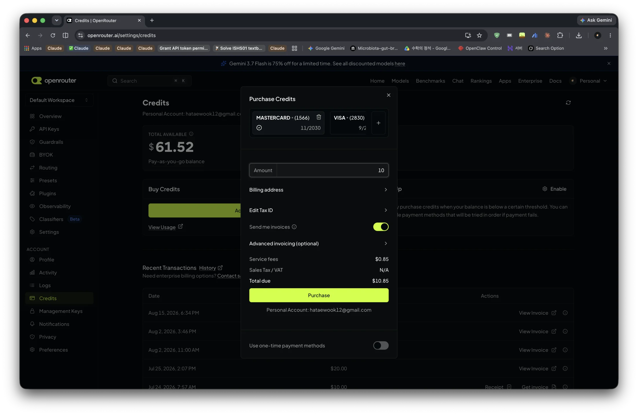 OpenRouter Purchase Credits 창에 결제 수단, 금액 입력란, Purchase 버튼이 보이는 화면